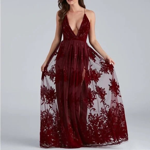 Windsor NWT Morgan Formal Flocked Velvet Dress Womens Size L - Picture 1 of 16